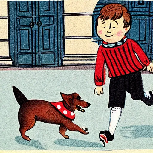 Image similar to book illustration of a french boy on the streets of paris playing football against a corgi, the dog is wearing a polka dot scarf, 1 9 6 6