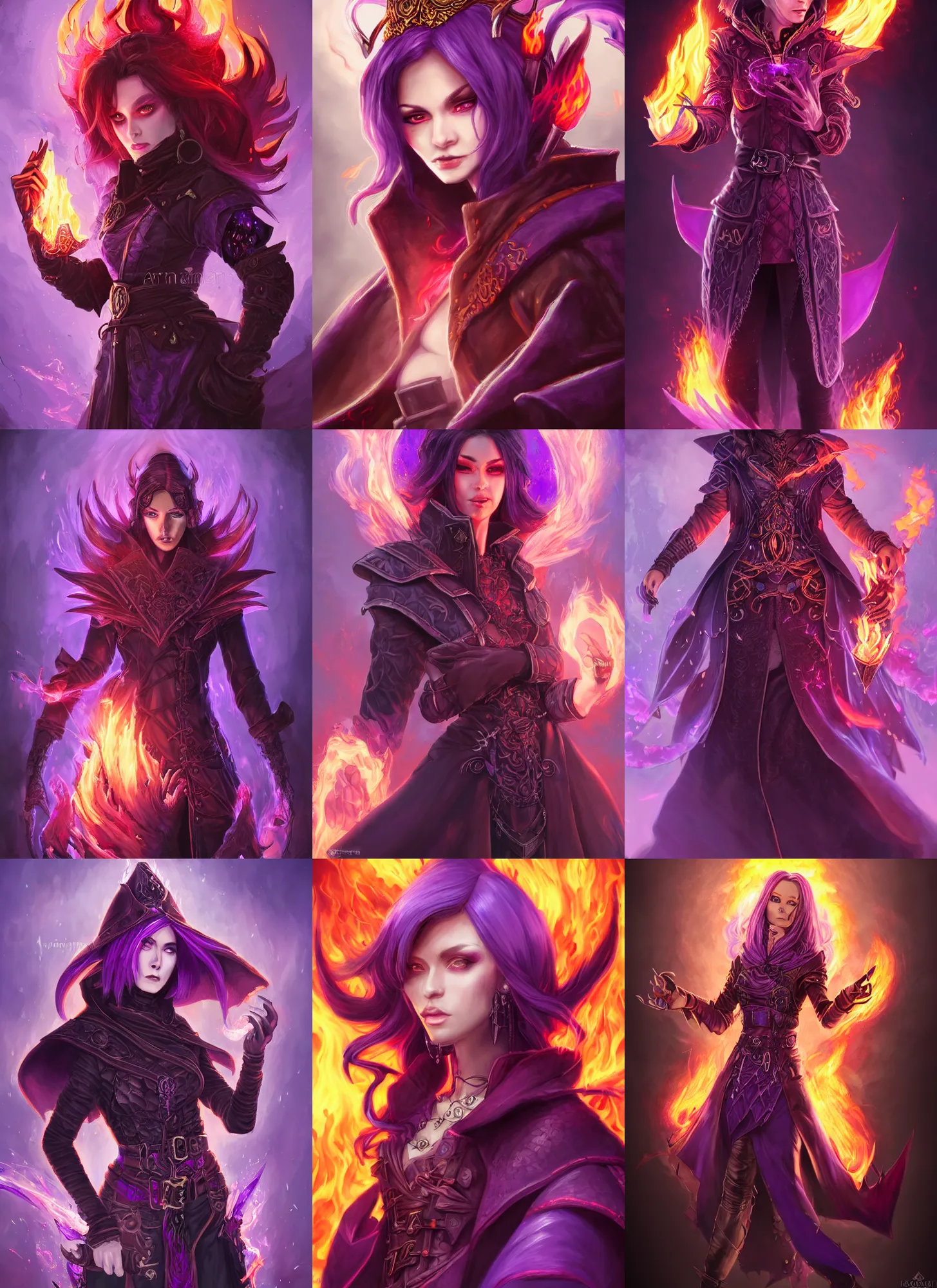 Prompt: portrait of a mix between necromancer and pyromancer, female, fire and death, purple fire, leather coat, high fantasy, dnd, highly detailed, smooth, sharp focus, digital illustration, by artgem, rossdraws, sakimichan