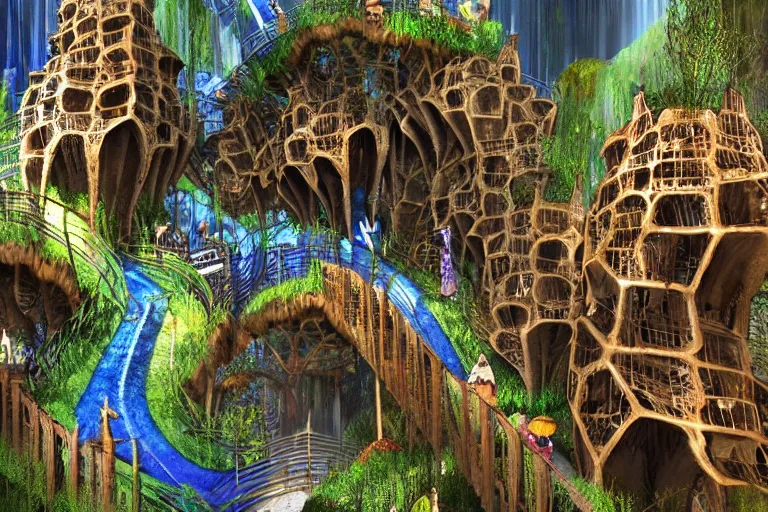 Image similar to favela fungus cathedral coaster hive, art nouveau waterfall environment, industrial factory, terrifying, award winning art, epic dreamlike fantasy landscape, ultra realistic,