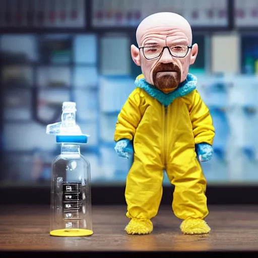 Prompt: Walter White as a stuffed animal in a hazmat suit with an Erlenmeyer flask and blue crystals, photorealistic