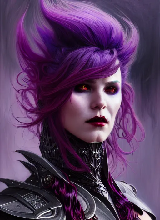 Prompt: character concept portrait of a vampire in bionic armor with purple hair, strong, intricate, elegant, intense, stoic, highly detailed, digital painting, artstation, concept art, symmetry, smooth, sharp focus, illustration, black and red, art by gaston bussiere and alphone mucha