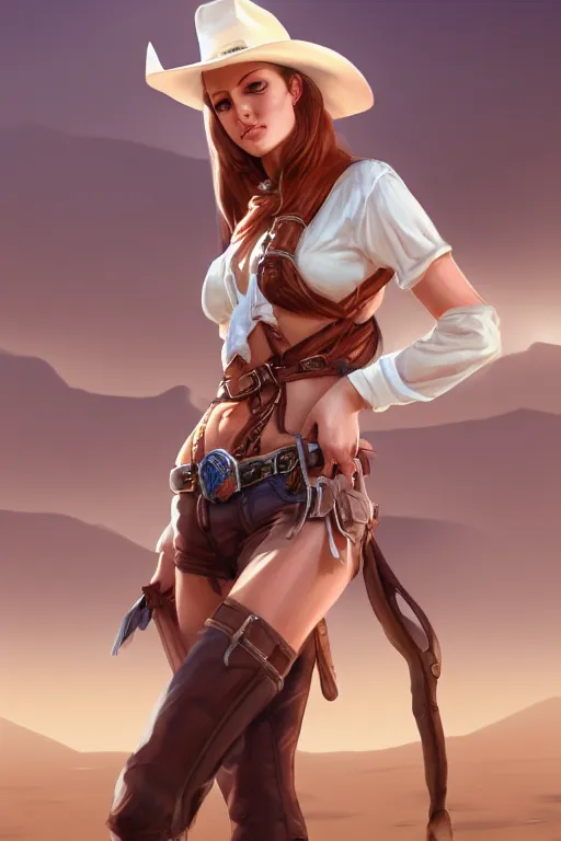 Image similar to full body, female cowgirl, perfect face, white blouse, holster, 8 k, magic the gathering, desert, d & d, artstation, high detail, smooth, sweaty