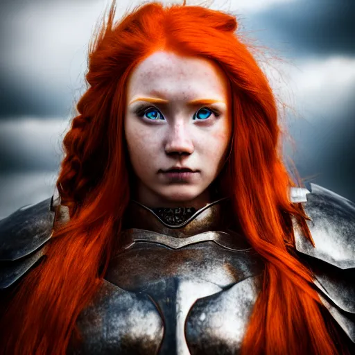 Prompt: north female warrior, red hair, ginger hair, fantasy, high detailed, photography, cloudy, lightweight armor, Scandinavia, plain, Authentic, detailed face, cute face, professional model, professional photographer, masterpiece, 8k, 3D