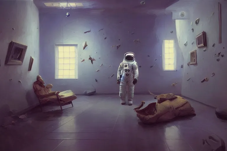 Prompt: an astronaut in an art gallery, surrealism, art gallery full of floating paintings, expressive oil painting, by greg rutkowski, by james gilleard, digital, trending on artstation, octane render, highly detailed