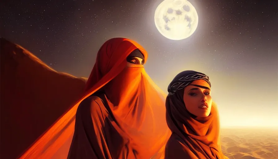 Image similar to Portrait of very very very very very very beautiful Arab woman wearing a Niqab, glowing magical eyes, energy trails, under giant full moon in the desert at night, intricate, elegant, highly detailed, digital painting, artstation, concept art, smooth, sharp focus, illustration, art by artgerm and greg rutkowski and alphonse mucha