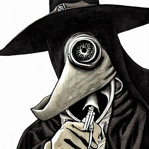Prompt: a portrait of a plague doctor gunslinger, dark fantasy, horror, western, hell, ultrafine detailed digital pencil art by takeshi obata and mike mignola and irving penn, death note style, colored, symmetric body, cgsociety, sharp focus, detailed face, looking at the camera