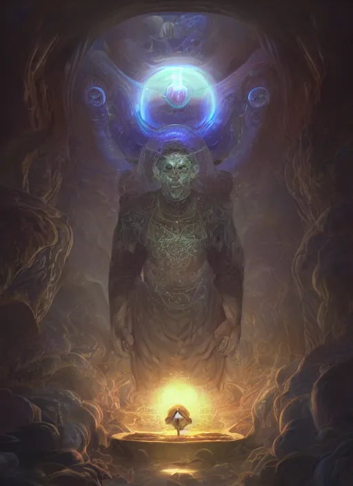 Prompt: mushroom deity inside void manifold, portrait by ross tran, timeline nexus, ascending universes, a dnd illustration of philosophical concept by cgsociety and james gurney, artstation, hdr, rtx