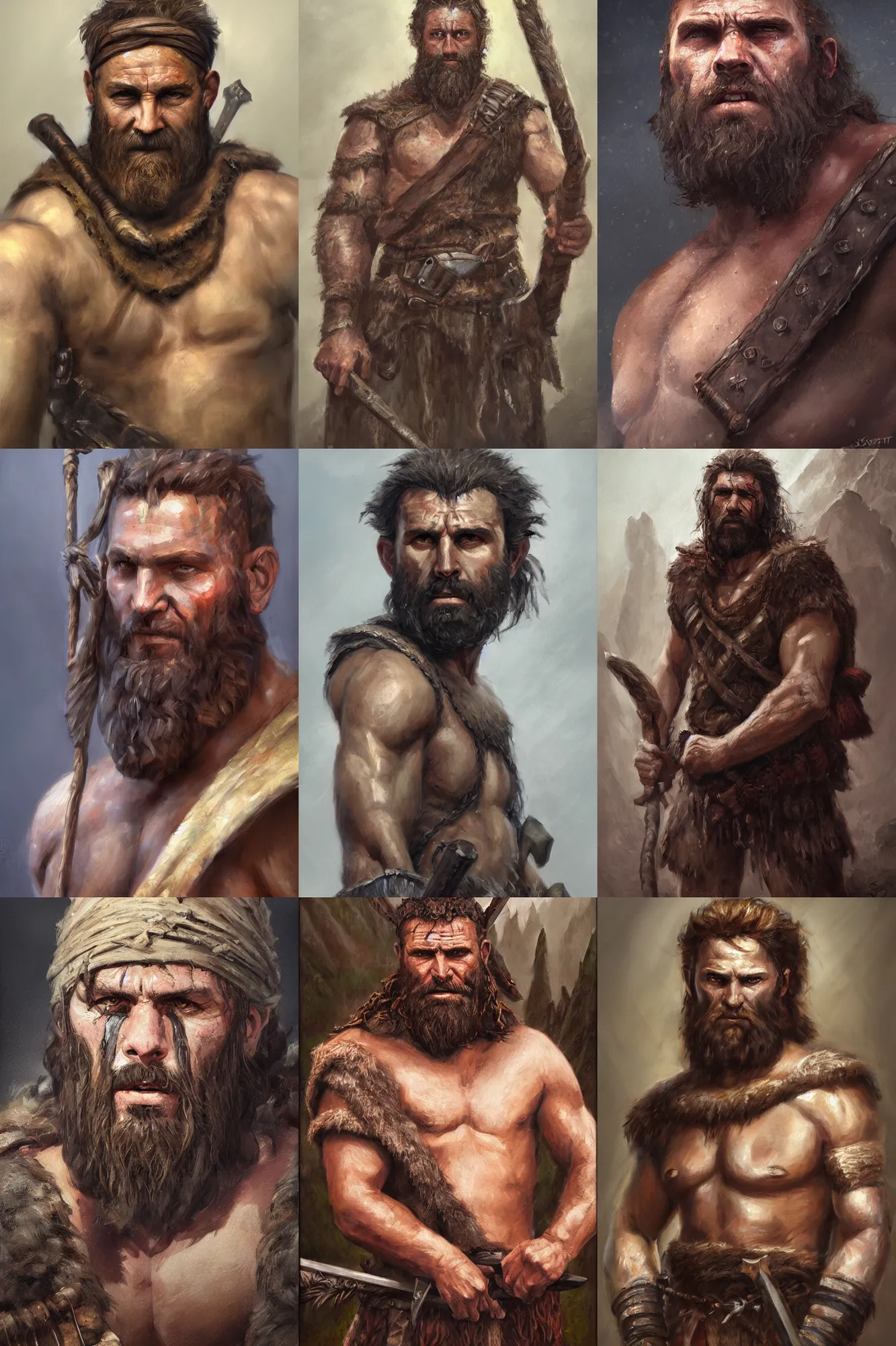 Prompt: a full body fantasy portrait oil painting illustration of a single rugged stoic barbarian man by Justin Sweet with face and body clearly visible, visible pupils, d&d, rpg, forgotten realms, artstation trending, high quality, sombre mood, artstation trending, muted colours, no crop, entire character!,