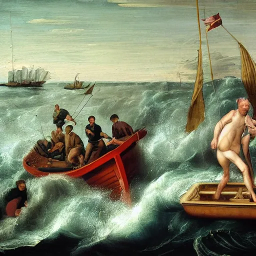 Image similar to a renaissance style oil painting of an old man, a marlin, and a boat in a turbulent sea. The old man is in the center of the image, with the marlin on the left and the boat on the right. He is leaning back, using all his strength to reel in the marlin. His face is sweaty and strained, and his arms are shaking. The marlin is huge, and its body is thrashing around in the water. The boat is small and insignificant compared to the marlin, and it is being pulled towards the fish. The overall effect is one of drama and suspense.