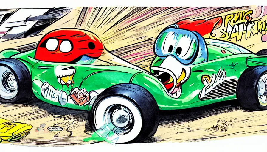 Image similar to funny, comic book style, racoon riding in a tiny hot rod coupe with oversized engine, ratfink style by ed roth, centered award winning watercolor pen illustration, by chihiro iwasaki, edited by range murata