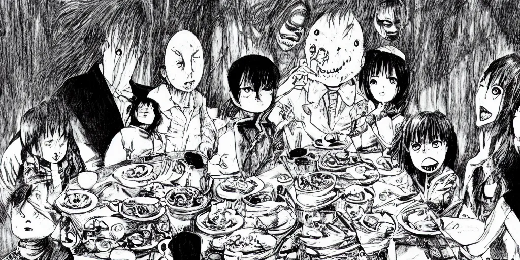 Image similar to A happy family eating dinner, horror, creepy, dark, manga, pencil, inspired by junji ito, superior quality, masterpiece