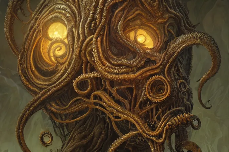 Image similar to a lovecraftian painting of cthulhu face of cosmic horror, cosmic horror elements, ultra realistic, concept art, intricate details, eerie, highly detailed, photorealistic, octane render, 8 k, unreal engine. art by artgerm and greg rutkowski and alphonse mucha