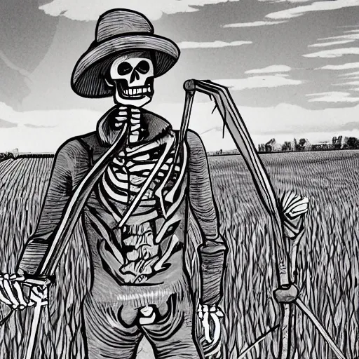 Prompt: a farmer skeleton working his field in the style of soviet propaganda
