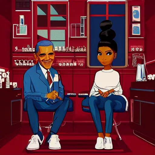 Image similar to illustration of nicki minaj sitting next to barack obama in a 6 0's vintage barbershop, symmetrical, cinematic scene, brownish flat colors, hyper realistic, highly detailed, by miyazaki, monokubo, trending on artstation