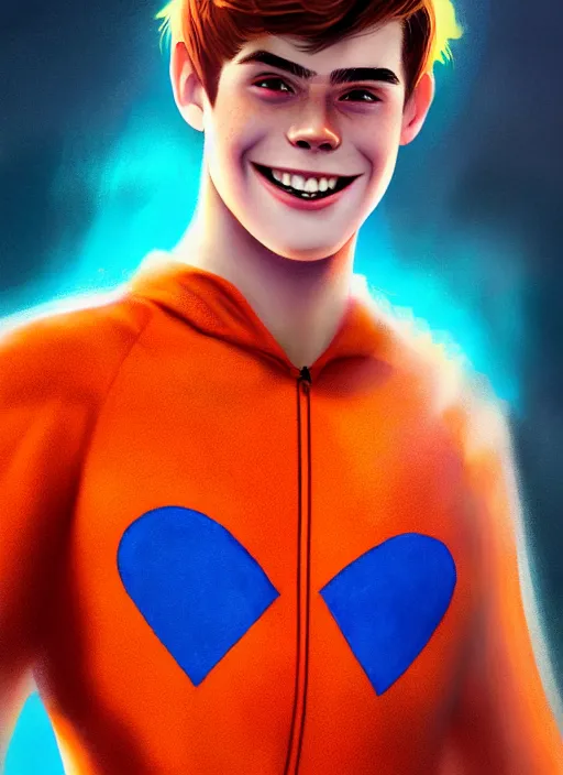 Image similar to friendly teenage archie andrews wearing an orange superhero costume with heart logo, freckles, superhero costume, heart emblem on chest, cape, intricate, elegant, glowing lights, highly detailed, digital painting, artstation, sharp focus, illustration, art by wlop, mars ravelo and greg rutkowski