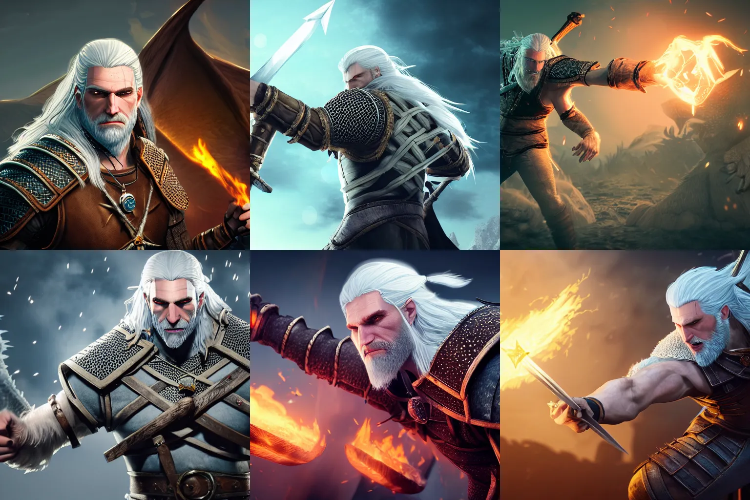 Prompt: a white hair giant witcher that is using a magic sign, fighting with dragon, character illustration, league of legends style, vray, 8k, highly detailed, dynamic lights, fire