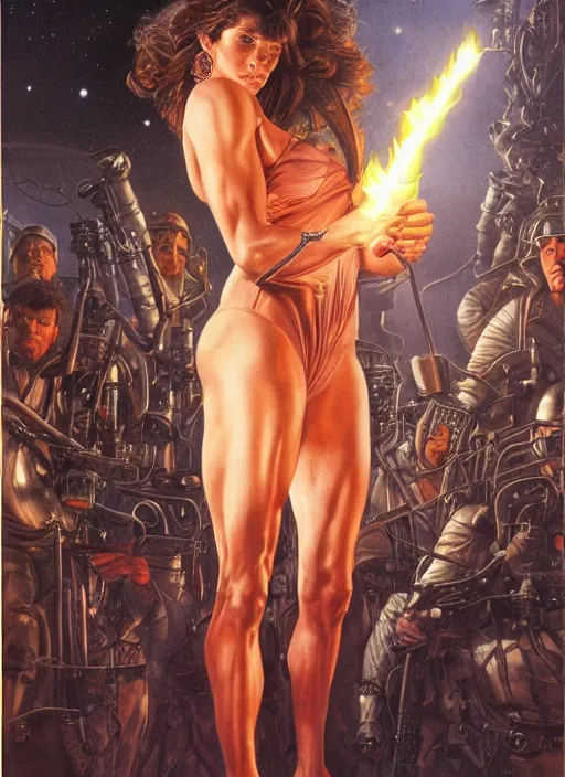 Image similar to Sandra Bullock (1990) as a muscled heroine staring into the camera, torch shadows, foggy night, intricate, elegant, highly detailed, Donato Giancola, Joseph Christian Leyendecker, WLOP, Boris Vallejo, Artgerm