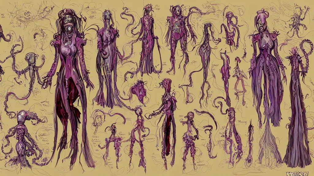 Prompt: highly detailed colorful character sheet for a stocky extraterrestrial victorian female servant maid with thick snake - like tentacles for hair, long dress with apron, star wars, jim henson creature shop, farscape, impact by craig mullins, by studio ghibli, digital art, trending on artstation, hd, 8 k, highly detailed, good lighting, beautiful, masterpiece