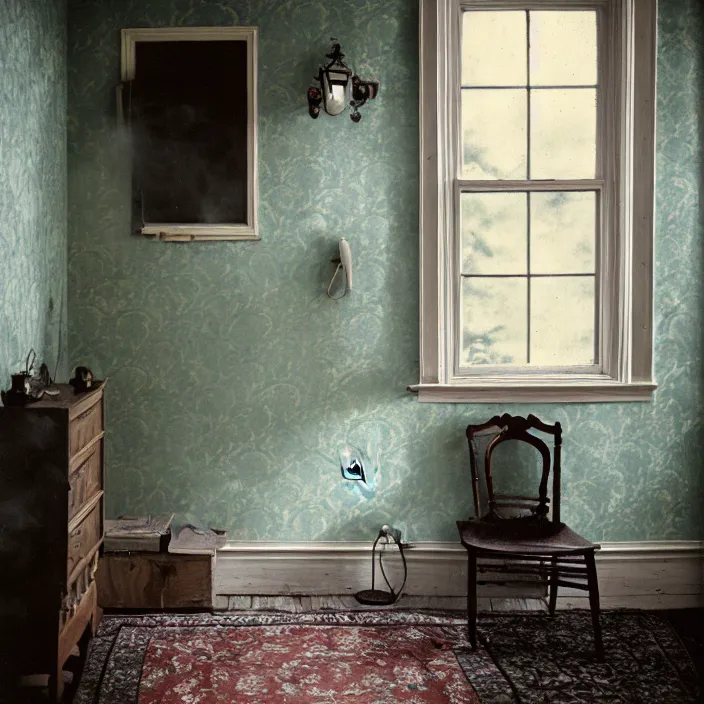 Image similar to kodak portra 4 0 0, wetplate, fisheye, award - winning portrait by britt marling, 1 9 2 0 s victorian porch, outside, ghost, picture frames, shining lamps, dust, smoke, 1 9 2 0 s furniture, wallpaper, carpet, books, muted colours, wood, fog, plants, flowers