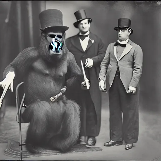 Prompt: A gorilla in a suit and top hat showing his steampunk inventions at 1893 Chicago world's fair