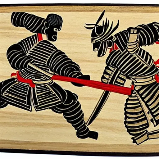 Image similar to two samurai battle each other, wood block painting style, outline style, hand drawn style, circa 1 5 0 0 s, history, scretch, dust, grain, noise, on wood