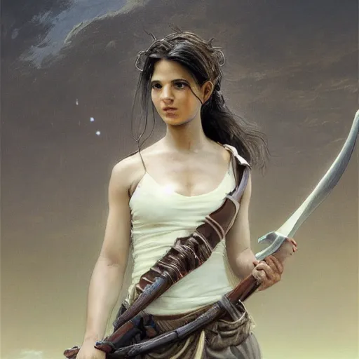 Image similar to artstation concept of a beautiful girl holding a sword in both hands, brown skin, sweaty skin, symmetrical face, casual white garment, brown canyon background, shiny colorful, hyperdetailed, artstation trending, world renowned artists, worth1000.com, historic artworks society, antique renewel, cgsociety, by greg rutkowski, by Gustave Dore, Deviantart