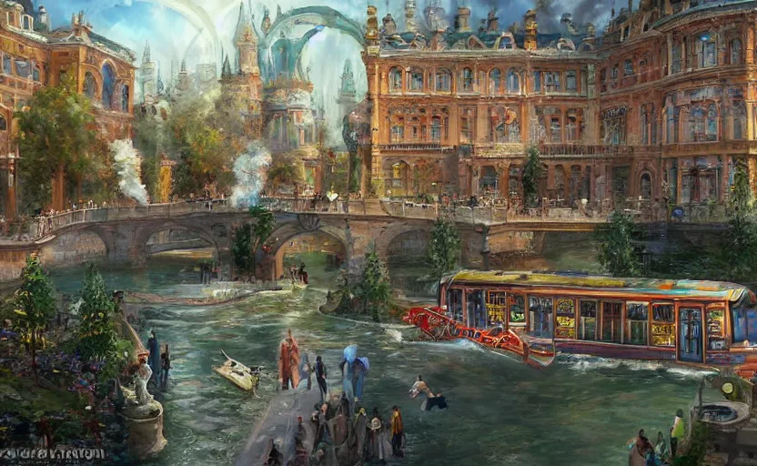 Prompt: An urban train rides inside of a waterway on a fantasy city, next to a fountain and a mystical palace. By Konstantin Razumov, horror scene, highly detailded