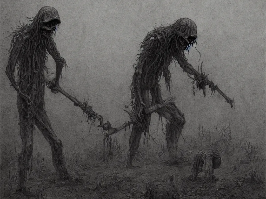 Prompt: creepy gravedigger in the style of John Kenn Mortensen, realistic painting, high definition, digital art, matte painting, very detailed, realistic