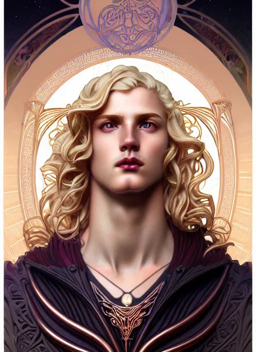 Image similar to smirking young god apollo, wavy blond hair, bright halo, glowing eyes, volumetric lights, rose gold scheme, art nouveau botanicals, gothic, intricate, highly detailed, digital painting, artstation, concept art, smooth, sharp focus, symmetric face, illustration, steampunk, art by artgerm and greg rutkowski and alphonse mucha