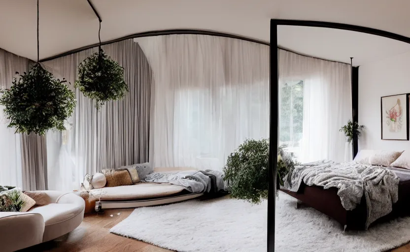 Image similar to a rounded modern bedroom with no windows, fairy lights, canopy