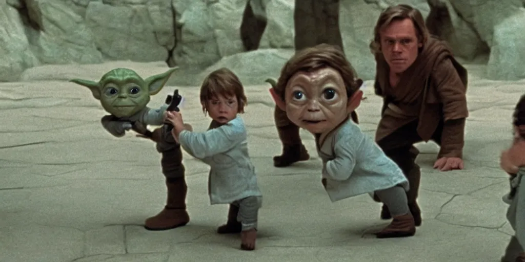 Image similar to screenshot of Luke Skywalker teaching baby yoda Grogu in a Jedi Temple, 1970s thriller by Stanely Kubrick film, color kodak, ektochrome, anamorphic lenses, detailed faces, moody cinematography