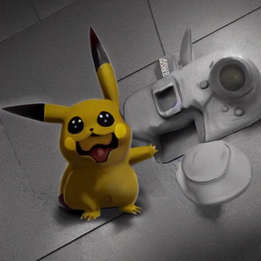 Image similar to 3 d modeled 3 d rendering with specular pbr material of realistic pikachu as a playable character in the videogame dead by daylight, pc gpu fov settings, videogame screenshot of mori animation, dark lighting and heavy fog, playstation 2 graphics