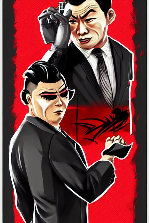 Prompt: chinnese mafia, with black suit and red tissue, some of leader have dragon tatto. digital art, concept art, pop art, bioshock art style, accurate, detailed, gta chinatown art style, cuphead art style, dynamic, face features, body features, ultra realistic, smooth, sharp focus, art by richard hamilton and mimmo rottela