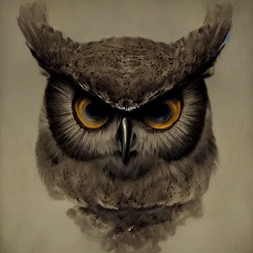 Image similar to dark photorealistic sentient mechanical owls, by francisco goya, cyan in art, trending on cgsociety