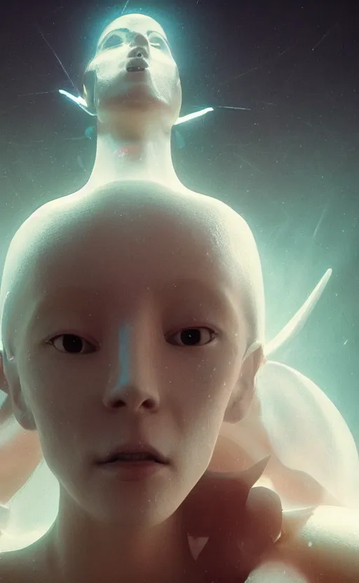 Image similar to extremely detailed cinematic movie still 3 0 7 7 portrait shot of a shining white goddess dancing at the cloud hyperreal skin face by denis villeneuve, wayne barlowe, simon birch, marc simonetti, philippe druillet, beeple, bright volumetric sunlight from above, rich moody colors, closeup, bokeh