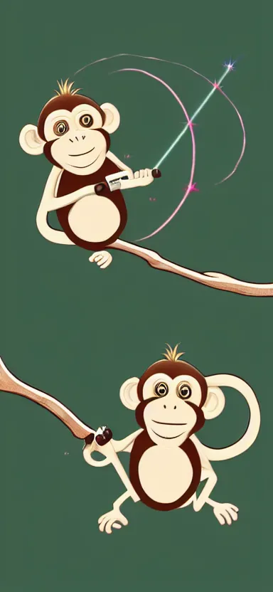 Prompt: “ monkey with big cute eyes swinging on a branch with a laser gun in the other hand, digital art ”
