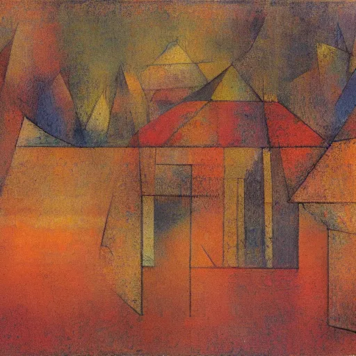 Prompt: Temple of the birds. Mikalojus Ciurlionis. Paul Klee.