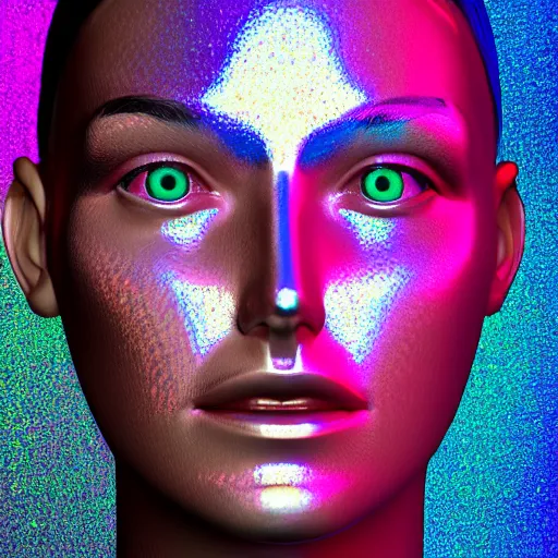 Image similar to 3d render of holographic human robotic head made of glossy iridescent, surrealistic 3d illustration of a human face non-binary, non binary model, 3d model human, cryengine, made of holographic texture, holographic material, holographic rainbow, concept of cyborg and artificial intelligence