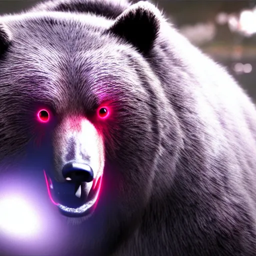 Prompt: a bear with red glowing eyes. angry. in a dark sourrounding. unreal engine 5. hd