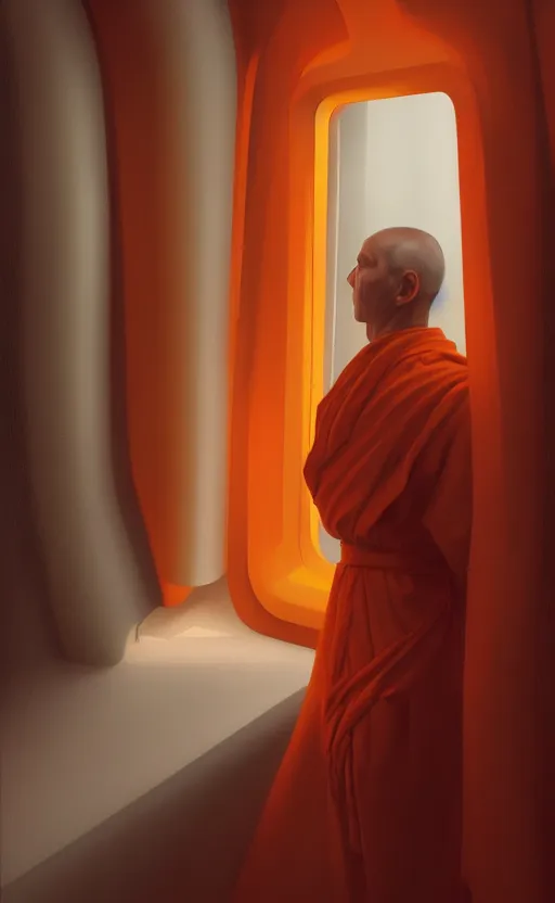 Prompt: portrait of a blind monk in a spaceship, looking out the window, orange robe, dramatic lighting, artstation, matte painting, ralph mcquarrie