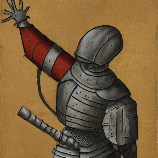 Image similar to one - armed medieval armored knight with bucket on his head, painting