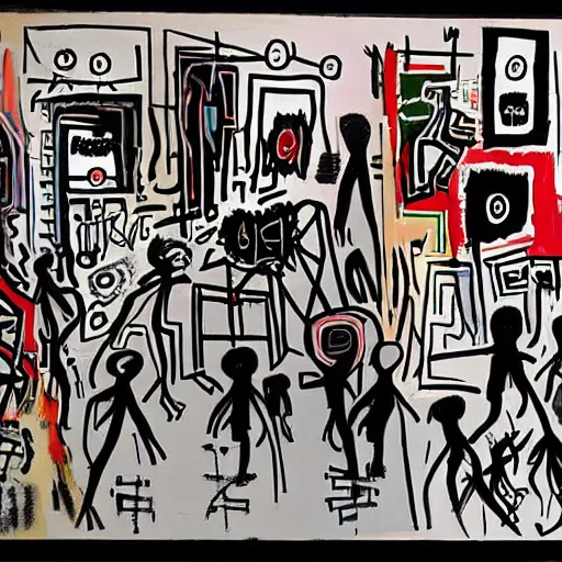 Prompt: inside a dark club, dancing, room is full of people, crowded, disco light, abstract expressionism, artwork by phillip guston and jean - michel basquiat