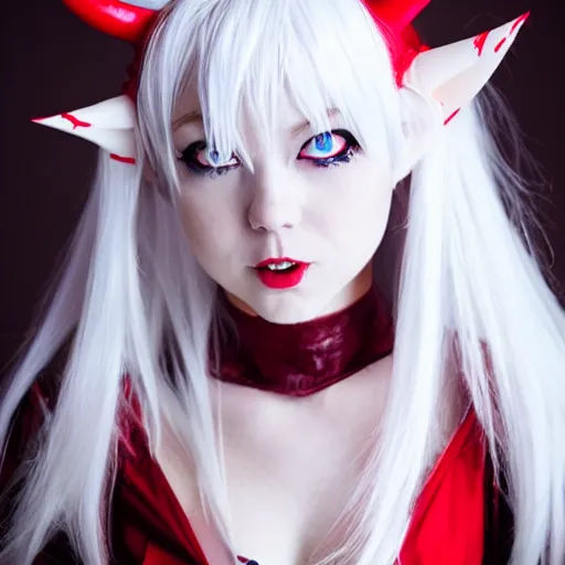 Image similar to white haired red eyed anime girl, devil horns, elf ears