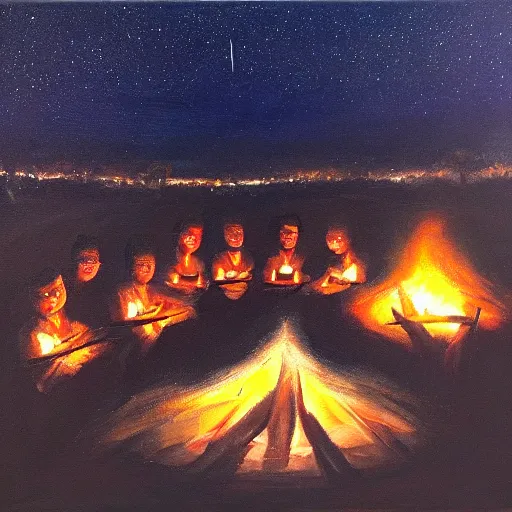 Prompt: angels in the sky looking down on earth at 6 people around a campfire at night, oil paint on canvas