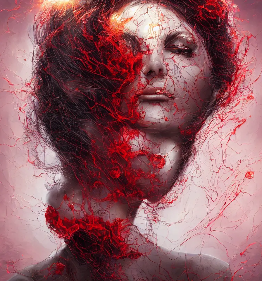 Prompt: a frontal face portrait of a transparent and beautiful elegant entity made of blood and veins + dissolving into darkness + backlit + incredible lighting+ strong rim light + highly detailed + god rays + digital painting + HDRI, by Andon Hristov + Alvaro Castagnet + Dan Mumford + Peter Mohrbacher + vivid colors, high contrast, 8k resolution, intricate, photorealistic, smooth