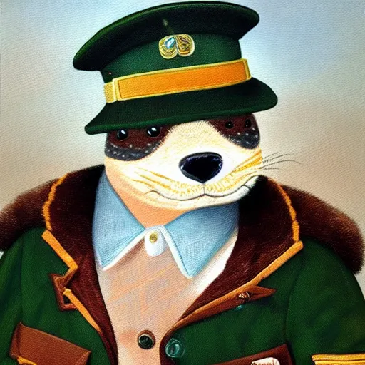 Image similar to oil painting of an anthropomorphic otter in military uniform, amazing detail,