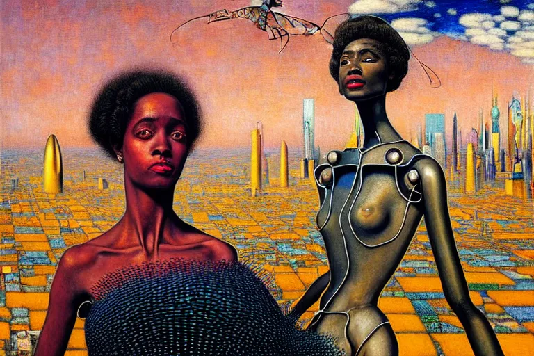 Image similar to realistic extremely detailed portrait painting of a beautiful black woman with in a dress a robot, city street on background by Jean Delville, Amano, Yves Tanguy, Ilya Repin, William Holman Hunt, Ernst Haeckel, Edward Robert Hughes, Roger Dean, rich moody colours