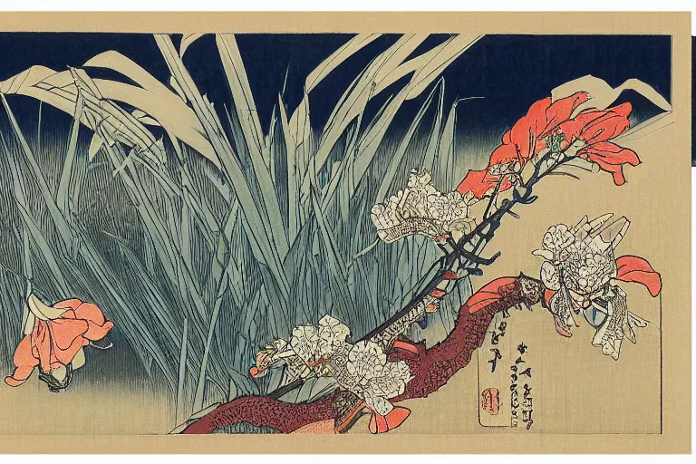 Prompt: an amazing ukiyoe drawing of a little grasshopper hidden amongst irises by katsushika hokusai and utagawa hiroshige, masterpiece, hyperdetailed!!!, intricate, complex, 4 k