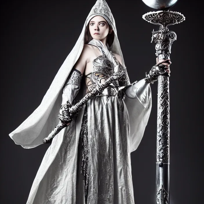 Prompt: photograph of a real-life beautiful lunar witch with ornate silver robes and staff. Extremely detailed. 8k