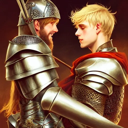 Image similar to attractive arthur pendragon and his favourite attractive male knight, they are in love, camelot, natural lighting, path traced, highly detailed, high quality, digital painting, by gaston bussiere and ross tran and j. c. leyendecker